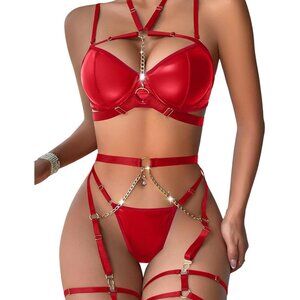 🆕Women Red Sexy Pu Leather Strappy Underwire Garter Belt Lingerie Set